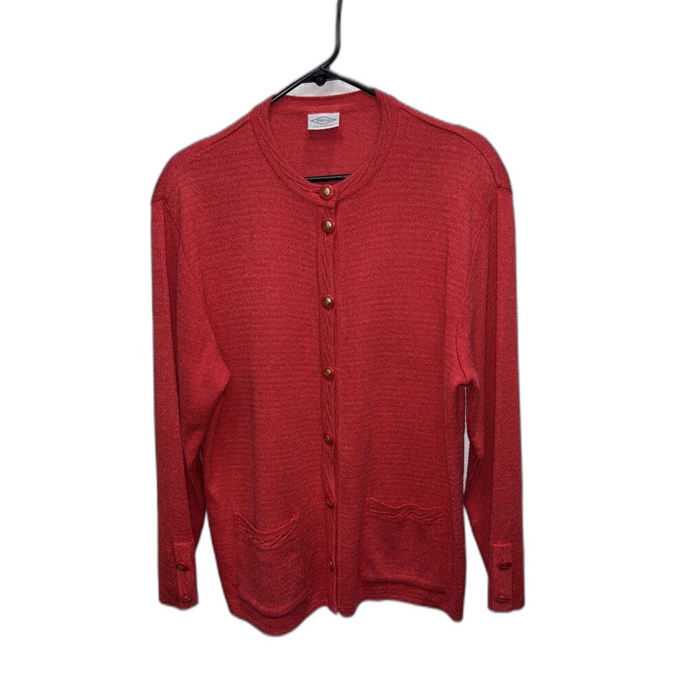 FREYA Women Cardigan Sweater Coral Red Buttons Pockets Wool Blend 40